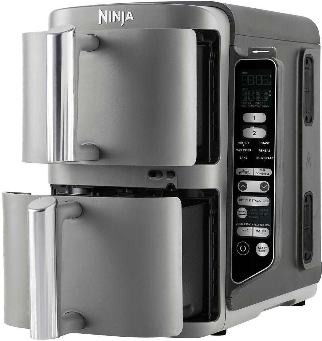 Ninja Double Stack XL Freidora de aire con sensor digital de cocción, freidora de aire vertical de doble cajón, 4 niveles de cocción, 2 cajones y 2 rejillas, 9,5 l, 6 funciones, gris SL451EU