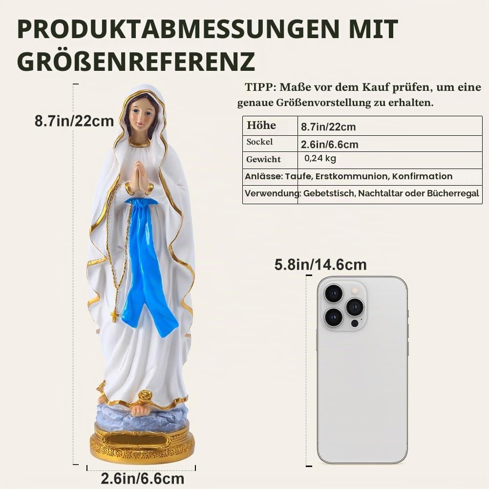 QIANLING 22cm Jungfrau Maria Statue, Religiöses Geschenk Gesegnete Mutter Jungfrau Maria Figur, Harz Katholische Marienstatue für Religiöse Heimdekoration Innengebrauch