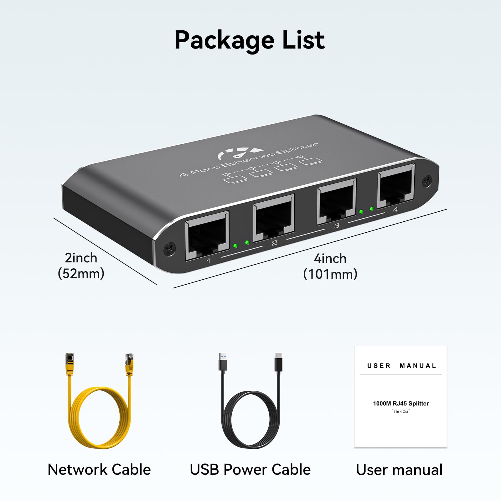 VEDINDUST Sdoppiatore Ethernet da 1 a 4 1000Mbps Switch di Rete LAN Gigabit 4 Porte Ethernet Splitter RJ45 LAN Splitter Con Cavo USB 3.0 a Type-C per Computer, Router, Set-top Box, TV