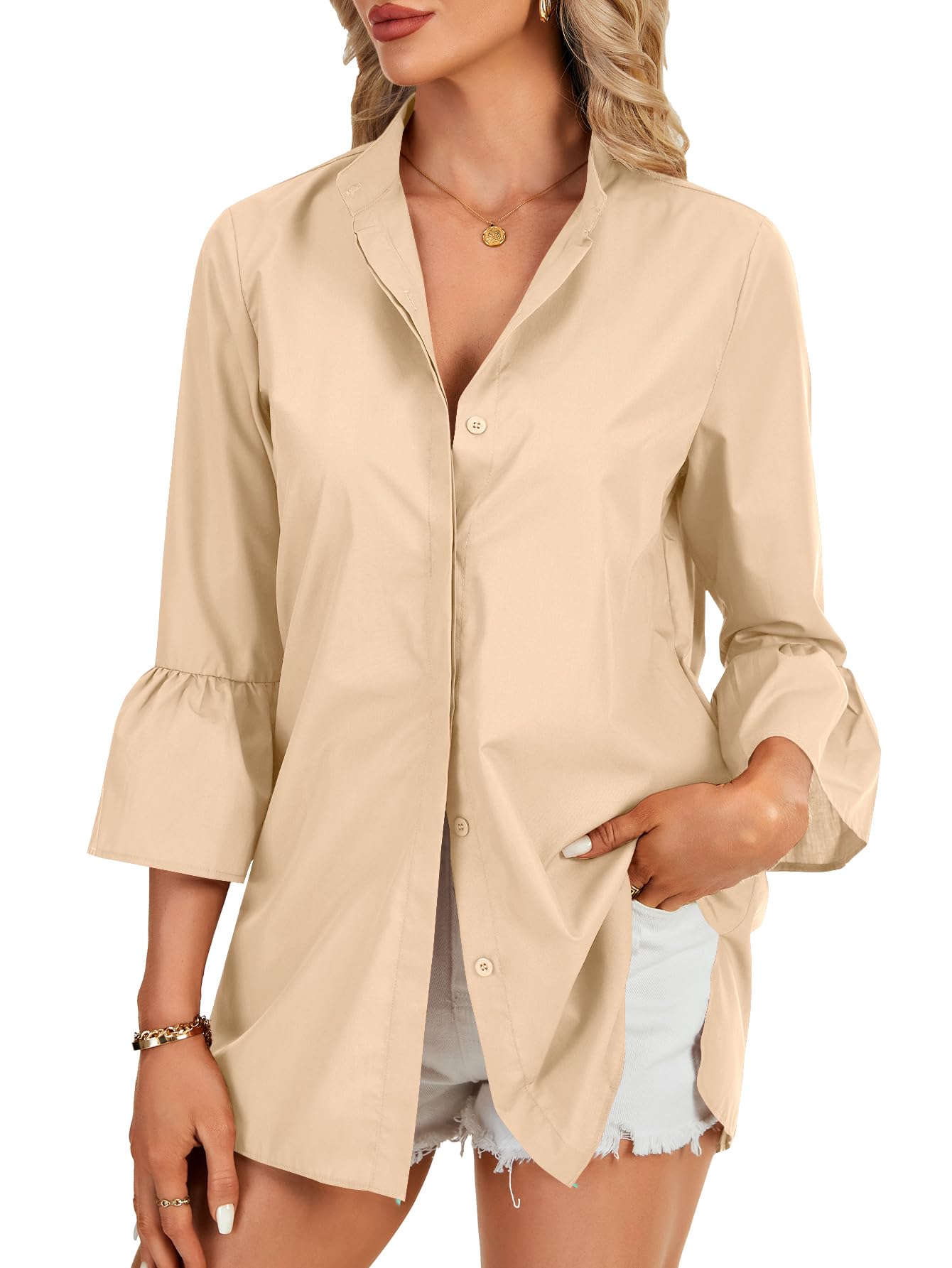 LYANER Women's Flare Long Sleeve Stand Collar Button Down Blouse Shirt Top