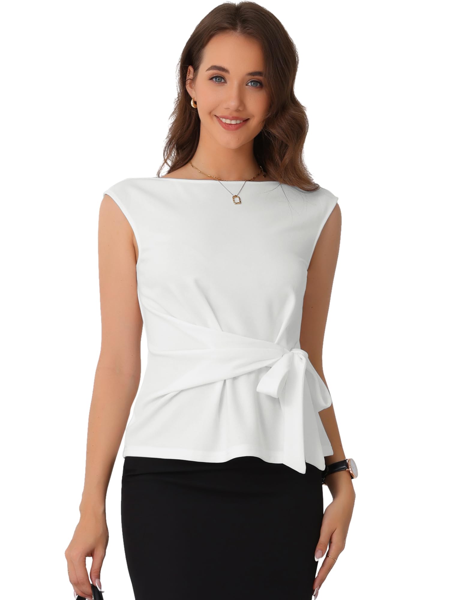 Allegra K Donna Camicetta Senza Maniche Canotte da Lavoro Top Elegante con Scollo A Barca Bluse