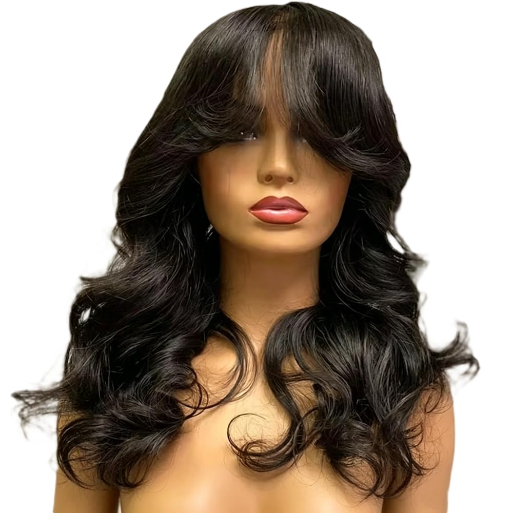 Haarpflege Natürliche Schwarze Lockere Gewellte Perücke Mit Pony Volle Maschinelle Gewellte Echthaar Perücke Vorgezupft Für Frauen(220%,22inches)