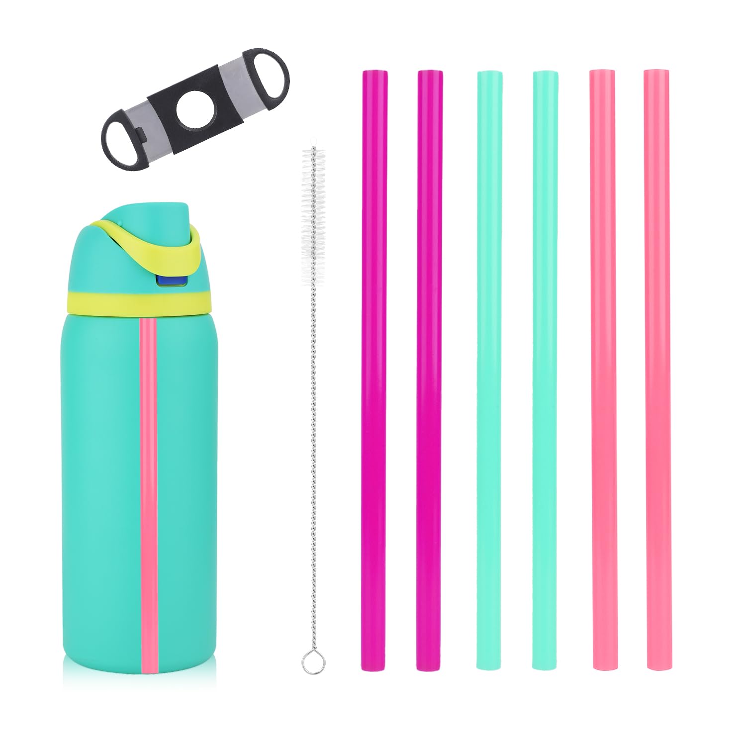 6pcs Replacement Straws with Scale for Owala FreeSip Water Bottles 14/16/19/24/32/40oz, Colored Plastic Reusable Tumbler Straw with Cleaning Brush &