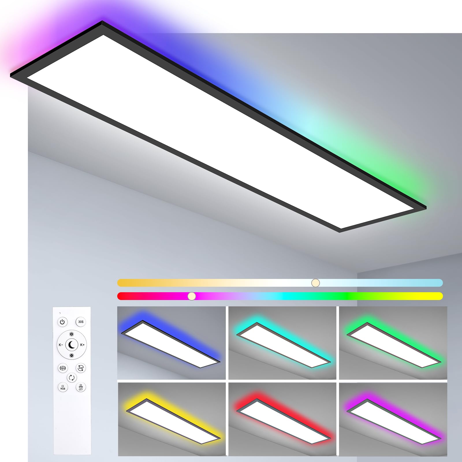 Oraymin LED Panel Deckenleuchte 120x30, RGB Lampe LED Deckenlampe mit Fernbedienung, 40W 4800LM Lampen Deckenlampen mit Speicherfunktion, 3000K-6500K Deckenleuchte als Wohnzimmer Deckenlampe