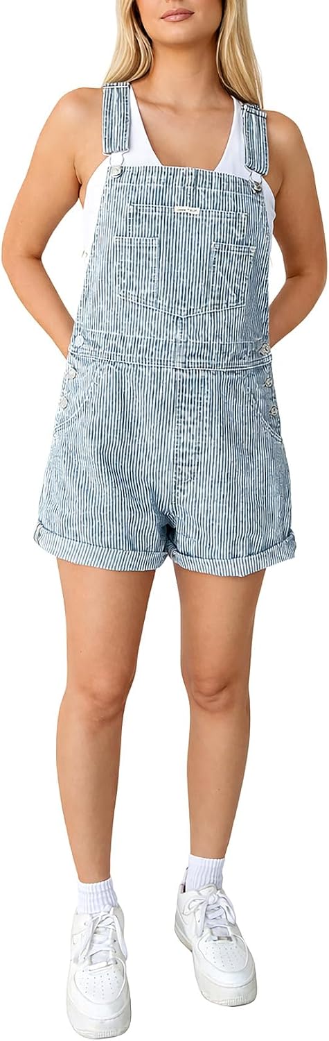 Womens Railroad Pinstripe Boyfriend Fit Short Overalls