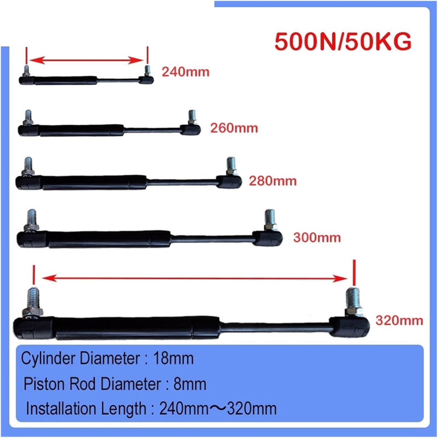 240mm-320mm 500N/50KG strut gas spring shock absorber hydraulic lifting strut house lathe automobile machinery(18-8-90-250)