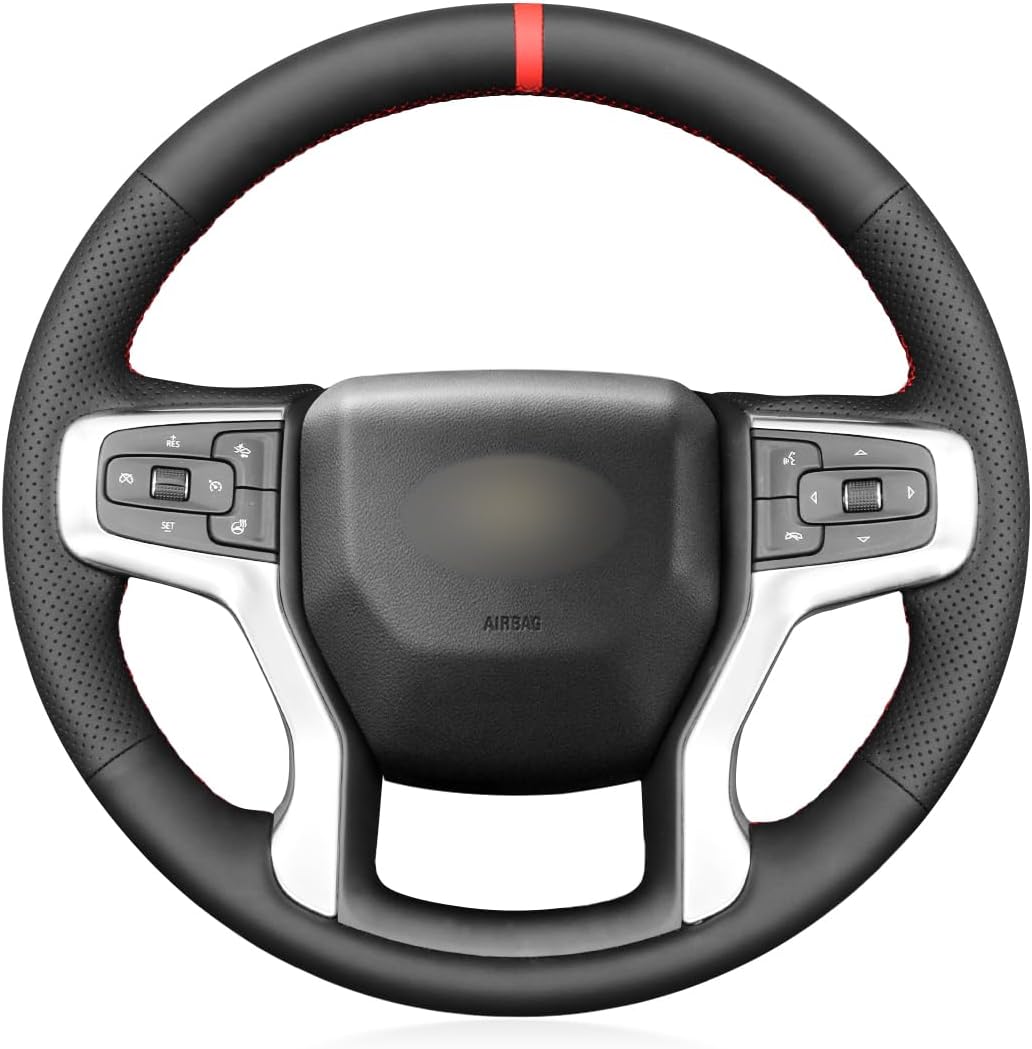 MEWANT Hand Stitch Steering Wheel Cover for Chevy Silverado 1500 2500 Suburban Black Genuine Leather Steering Wrap