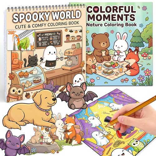 Livre de coloriage pour adultes à spirale Lot de 2 albums Moment & World