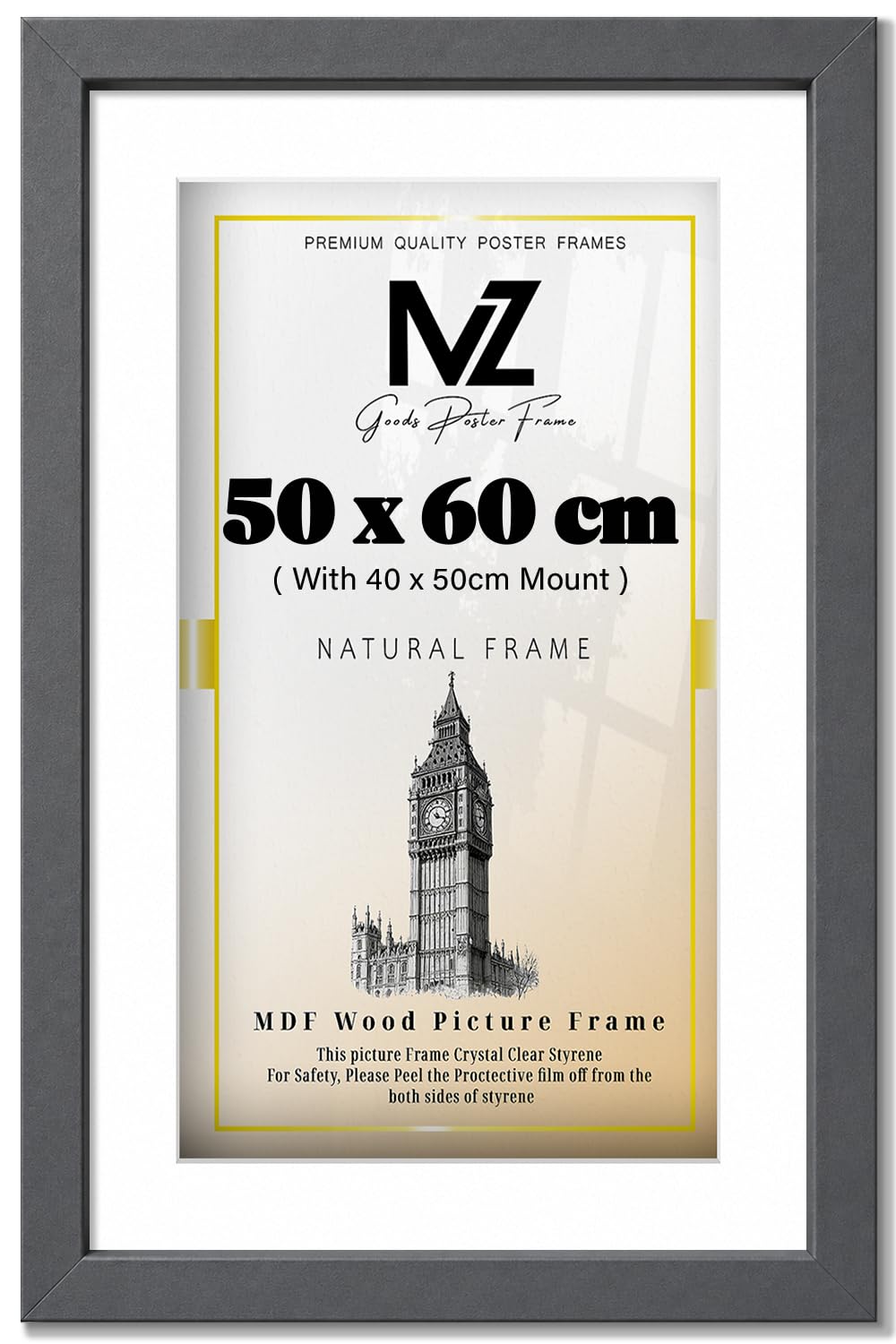 MZ GOODS | MDF Stylish Home Décor Frame (50 x 60 cm) With 500 x 400 mm White Mount Engineered Wood | 24 Inch x 20 Inch Painting, Art Print, Wall Picture Frame [ Dark Grey ] — image 1
