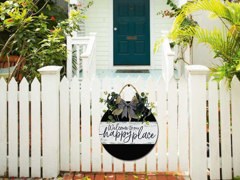 Cartello In Legno Welcome To Our Happy Place – 15x30 Cm, Per Porta, Spiaggia, Patio, Decorazione Estiva