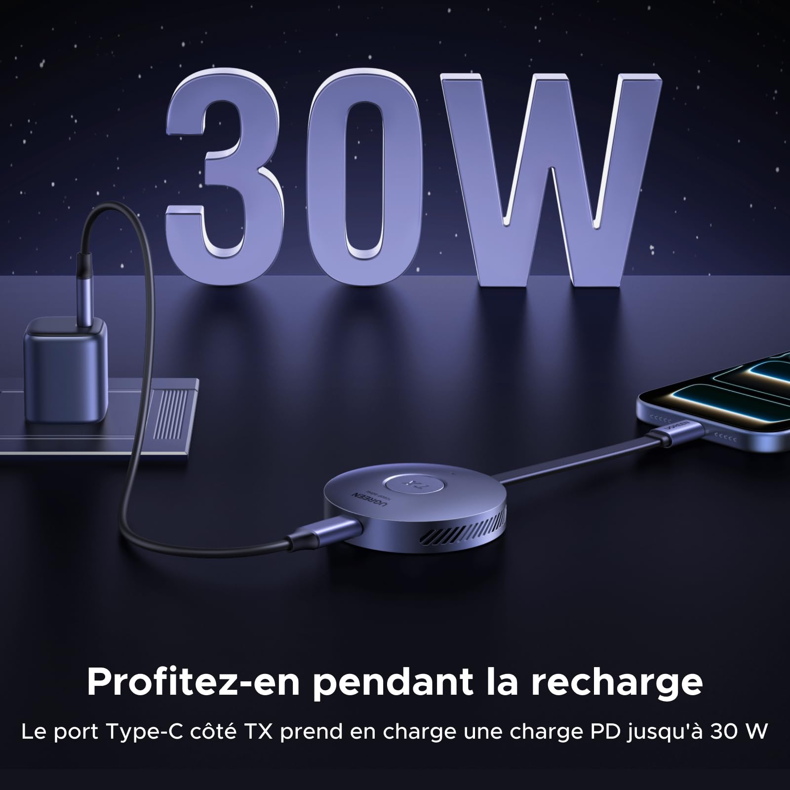 UGREEN Émetteur et Récepteur HDMI sans Fil USB C TX HDMI RX Magnétique 1080P 60Hz 50M Plug Play 5G Transmetteur PD 30W Compatible avec iPhone 17 Pro Max Air 16 Macbook Air Pro iPad Moniteur TV PC