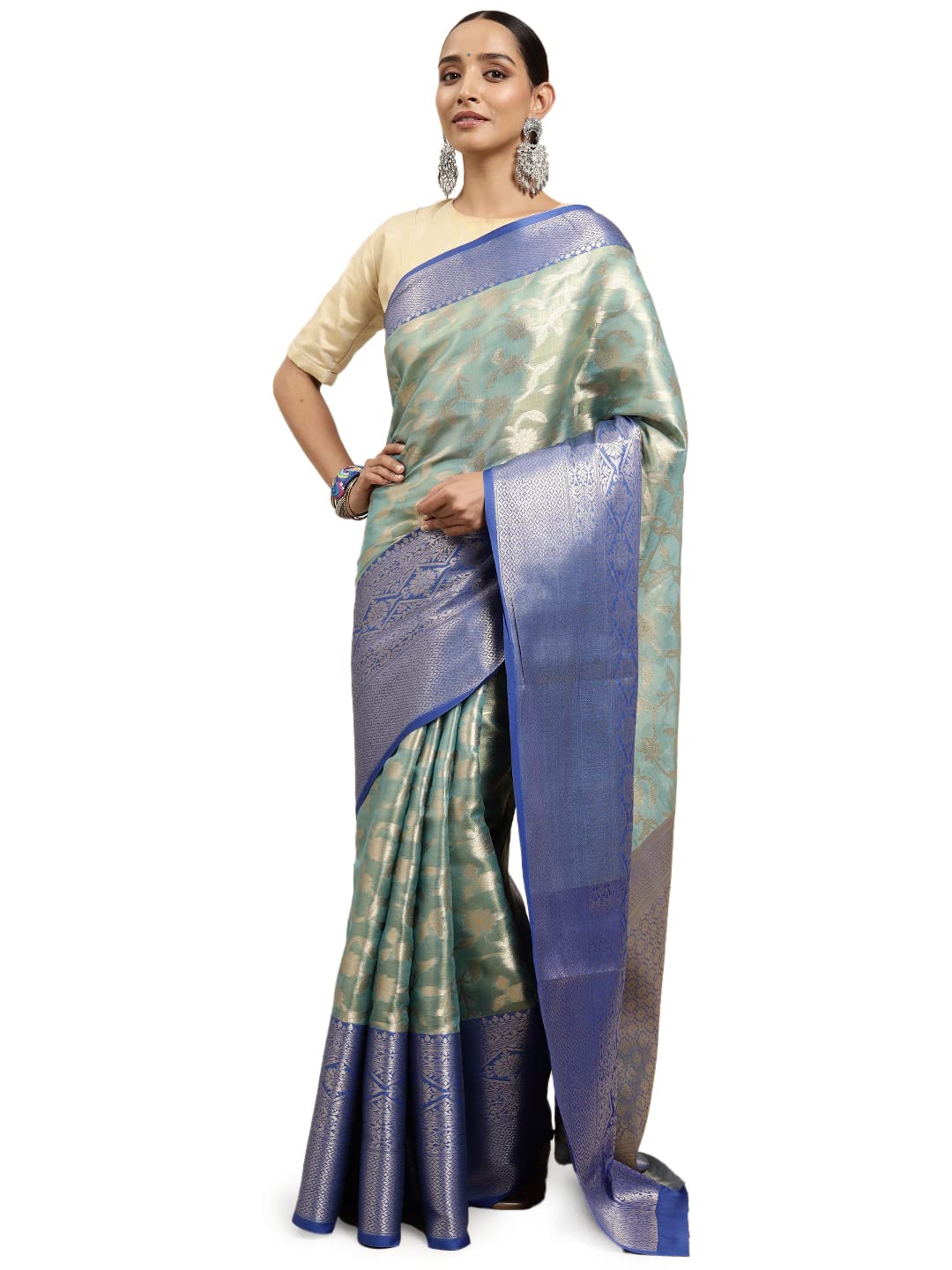 MIMOSAWomen's Kanjivaram Art Silk Saree With Unstiched Brocade Blouse - (R-5646-10263-TD-GY-RB), Turquoise, Length-5.4 mts+0.80 Mts Blouse=Total 6.2 Mts, Turquoise, Length-5.4 mts+0.80 Mts