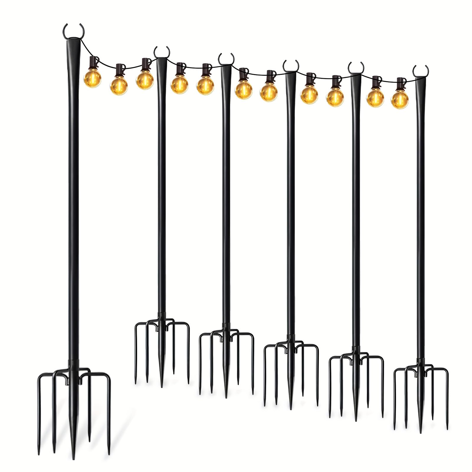Refein Festoon Light Pole 6 Pack 2.65M Heavy Duty String Light Poles for Outdoor Garden Patio Wedding Party - Adjustable Metal Light Stand with Fork Base for Hanging Lights