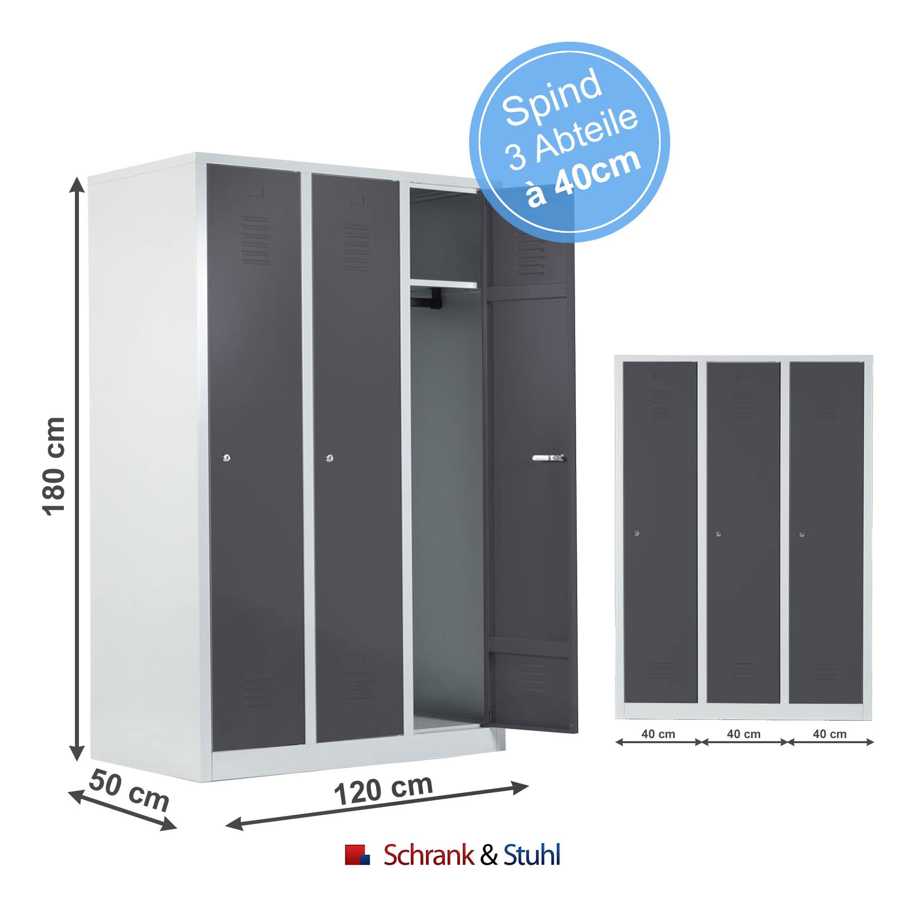 Schrank & Stuhl Spind – Metallspind mit 3 Abteilen in 180 x 120 x 50 cm, Schließfachschrank mit Hutboden & Drehriegelverschlüssen, Lieferung komplett montiert, Grau/Anthrazit