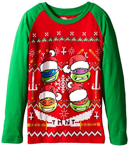 Teenage Mutant Ninja Turtles Big Boys' Santa Hat Faces Xmas Long Sleeve Tee, Red/Green, Small