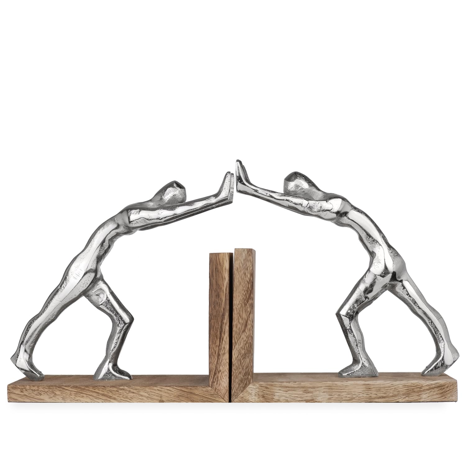 Moritz Buchstützen modern aus Aluminium und Mangoholz - 17,5x9,2x18,5 cm - 2er-Set Buchhalter Figuren Deko Skulptur Silber auf Holzsockel - stilvolle Deko für Wohnzimmer Büro Regal