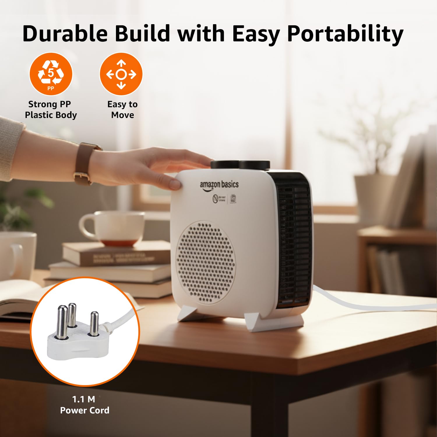 AmazonBasics Compact Portable Room Heater | 2000W | Corded Electric | Convection Heating with 2 Heat Settings | Indoor Use | Small | White PP Plastic 4