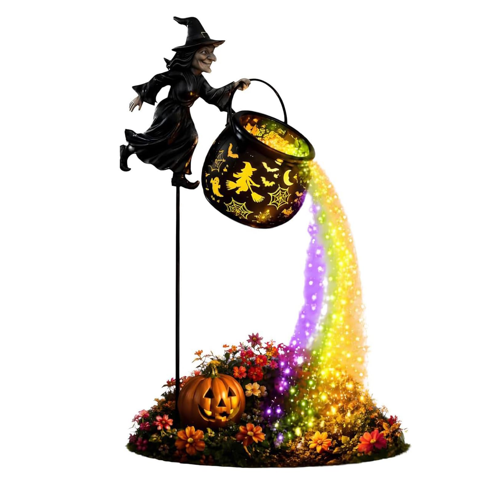 Halloween Witch and Cauldron Garden Stake with LED String Lights, Multi-Coloured Waterfall Lighting, Outdoor & Indoor Use, Cascading Light Flow, Lawn Patio Decor Gifts (2)