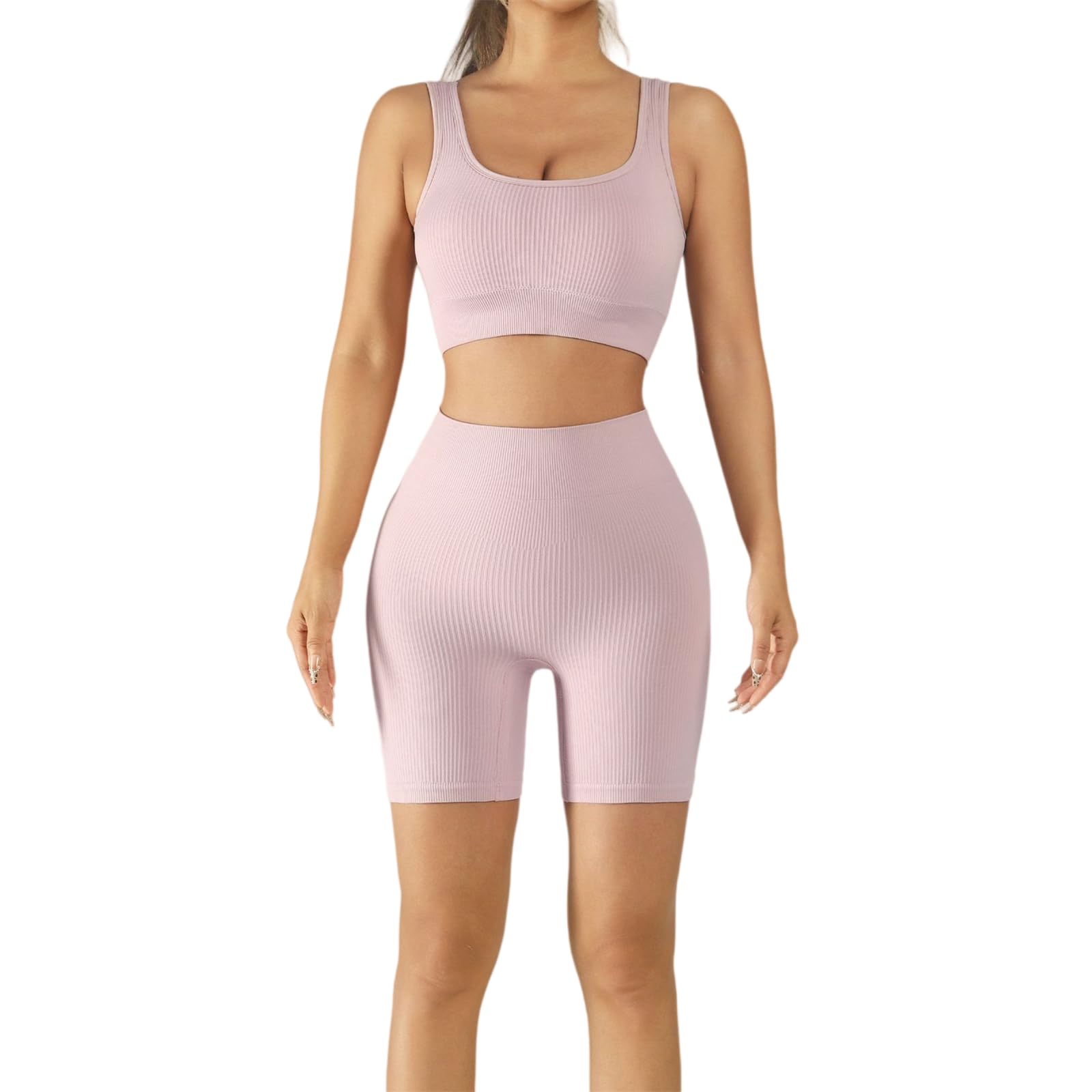 Womens 2 Piece Workout Sets Square Neck Tank Tops Sports Bra High Waisted Biker Shorts Yoga Gym Active