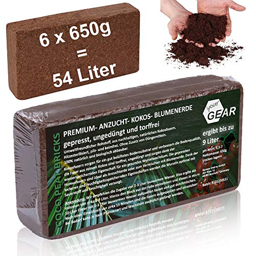 yourGEAR feinkörnige Kokoserde 54 L - 6x650g gepresste Blumenerde nachhaltige Aussaaterde aus Kokosfasern 100% Bio ungedüngt torffrei