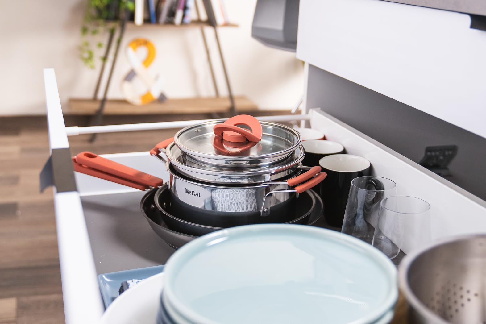 TEFAL G721SD74 Opti'Space Zestaw Garnków i Patelni, układanie stosy, stal nierdzewna 18/10, dno Thermo-Fusion, do każdej kuchenki, skala pojemności, nienagrzewające uchwyty, 13 elementów, srebrny