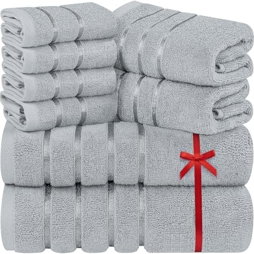 Utopia Towels 8 Piece Luxury Towel Set, 2 Bath, 2 Hand, and 4 Wash Cloths, 600 GSM Ring Spun Cotton, Highly Absorbent Viscose Stripe Towels, Ideal for Everyday use, Cool Grey