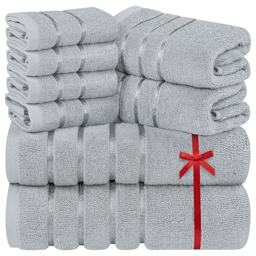 Utopia Towels 8 Piece Luxury Towel Set, 2 Bath, 2 Hand, and 4 Wash Cloths, 600 GSM Ring Spun Cotton, Highly Absorbent Viscose Stripe Towels, Ideal for Everyday use, Cool Grey