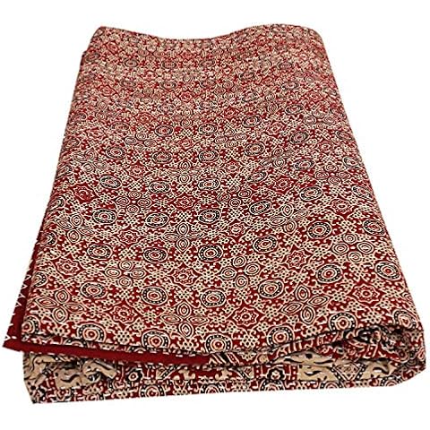Janki Creation Red Floral Cotton Ajrakh Kantha Cotton Quilts Queen Size Reversible Hand Quilted Bohemian Reversible Bed Cover Cover