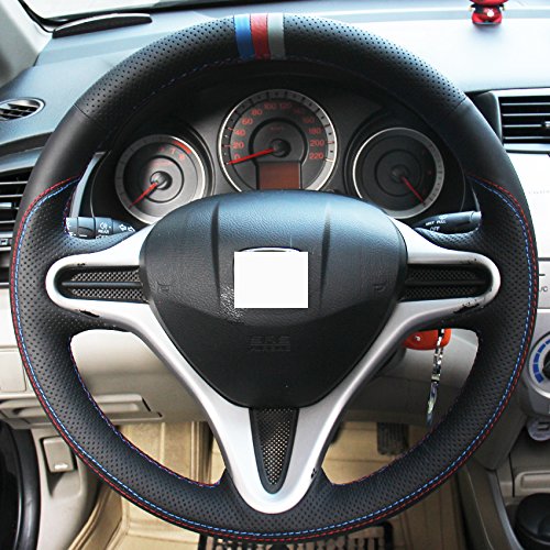Loncky Oem Black Genuine Leather Custom Fit Hand Stitched Car Steering Wheel Cover For Honda Fit 2009 2010 2011 2012 2013 / Honda Insight 2010 2011 2012 2013 2014 Parts Interior Accessories #TOP6
