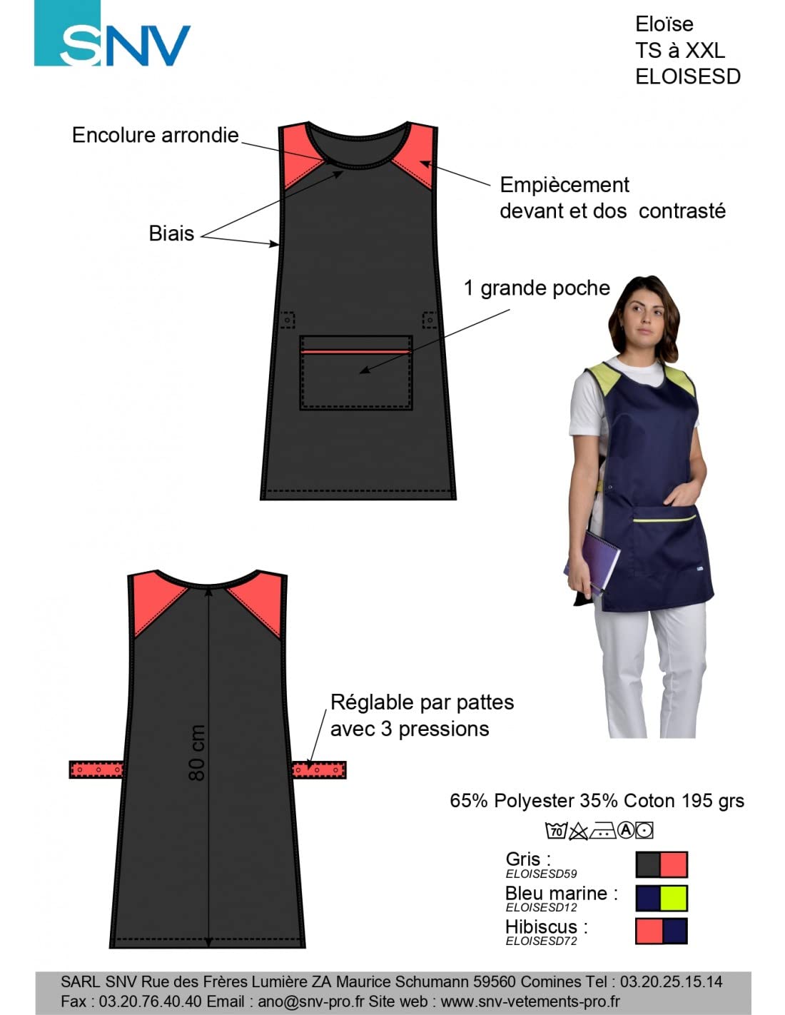 SNV Tablier chasuble ménage médicale femme entretien/nettoyage/industrie réglable par pattes avec 3 pressions avec 1 grande poche • hauteur du vêtement médicale 80cm