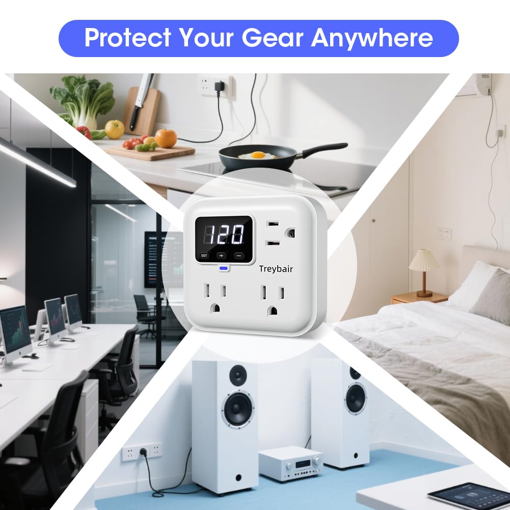 Protector de sobretensiones de 3 salidas con estabilizador de voltaje, protectores de sobretensiones de alimentación de 80 V-140 V para refrigerador, TV, computadora | visualización LED, ignífuga