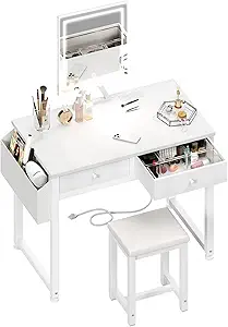 Lufeiya Small Makeup Vanity Desk with Fabric Drawers, 32 inch White Vanity Desks with Mirror and Light, Dressing Table and Chair Set with Power Outlet for Girls Bedroom, White