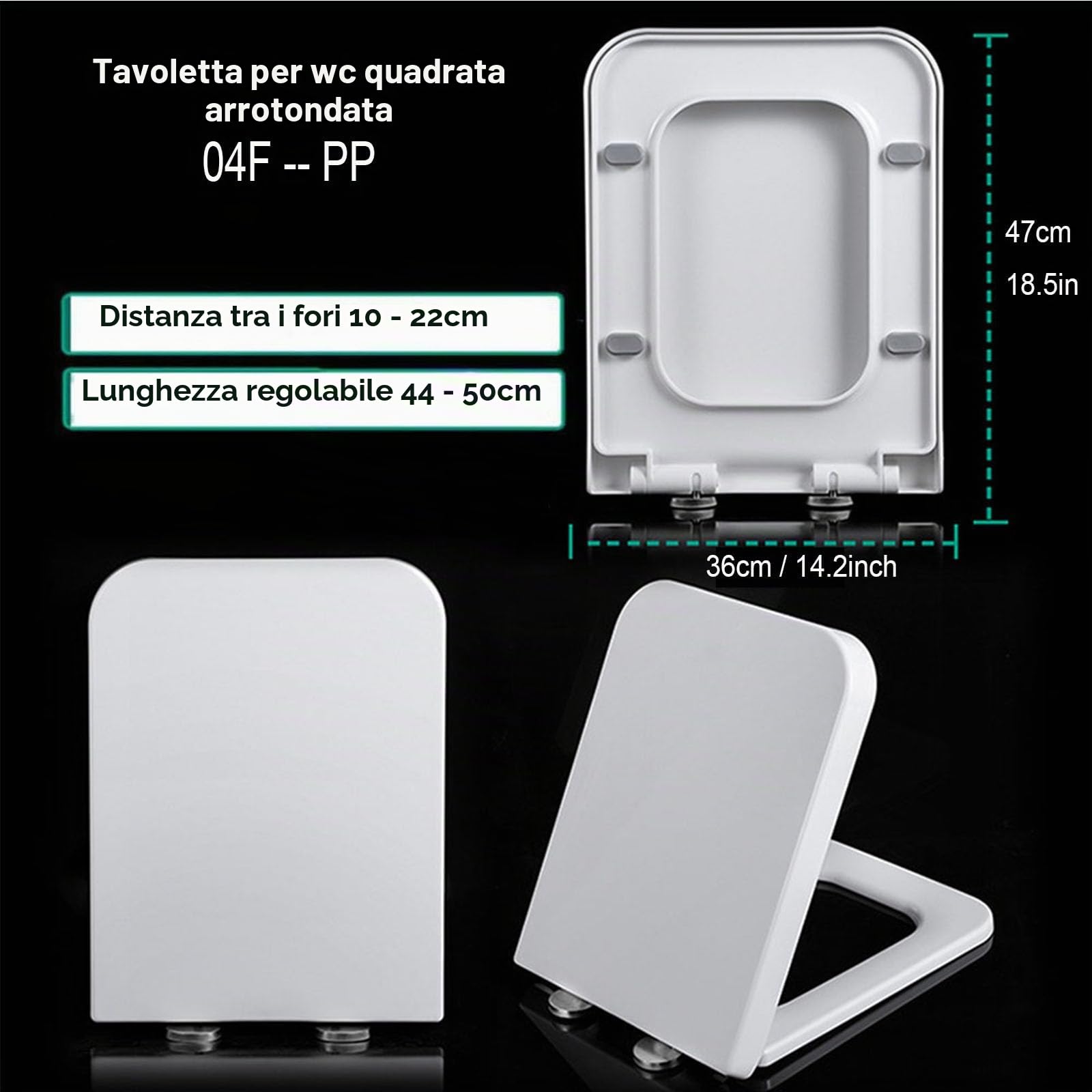Copriwater Universali, 47x36cm Tavoletta WC Quadrato Bianco in PP, Sedile WC Chiusura Ammortizzata con Sgancio Rapido a un Pulsante per Facile da Montare e Pulire