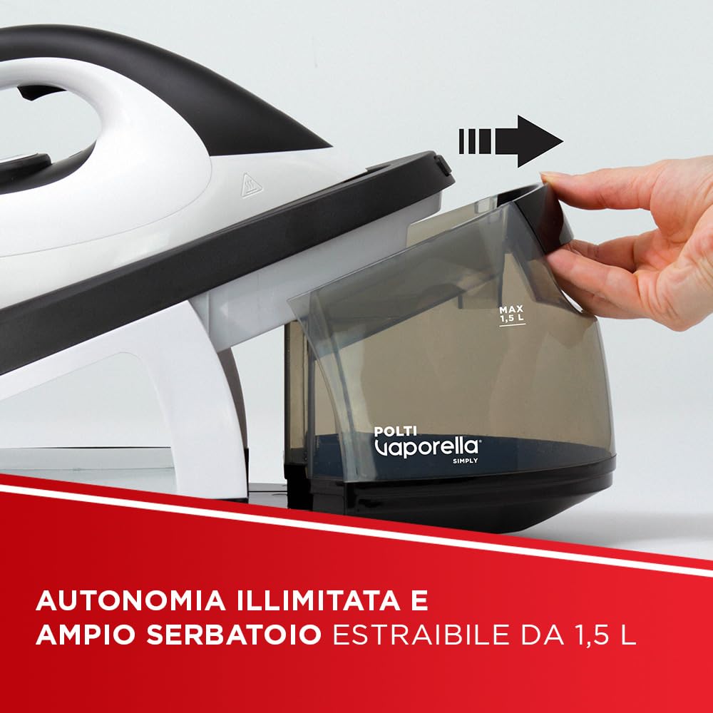 Polti Vaporella Simply VS20.20, Ferro da Stiro Generatore di Vapore, Serbatoio Estraibile 1,5 L, Pressione Pompa 6,5 Bar, Potenza 2200 W, Funzione ECO, Bianco e Nero