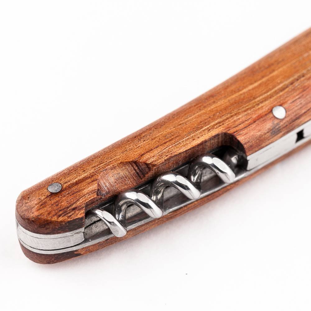 170636 Couteau L'alsacien, 2 p. (lame de 7,5 cm acier carbone XC 75, tire-bouchon), manche 10 cm bubinga, mitre acier.