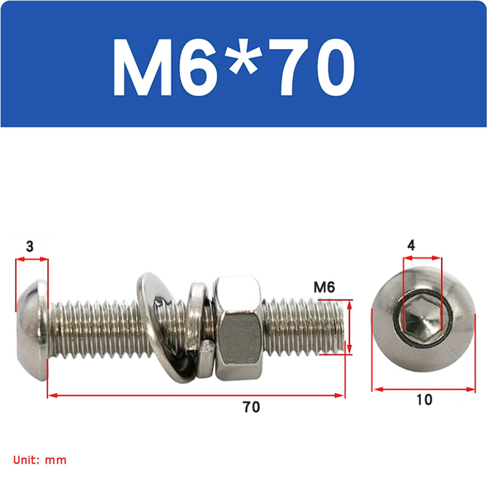Kit di viti a esagono incassato a testa semitonda M6 in acciaio inossidabile 304, 40 set, bulloni a brugola a cilindrica con dadi esagonali abbinati(M6*70 (40 sets))