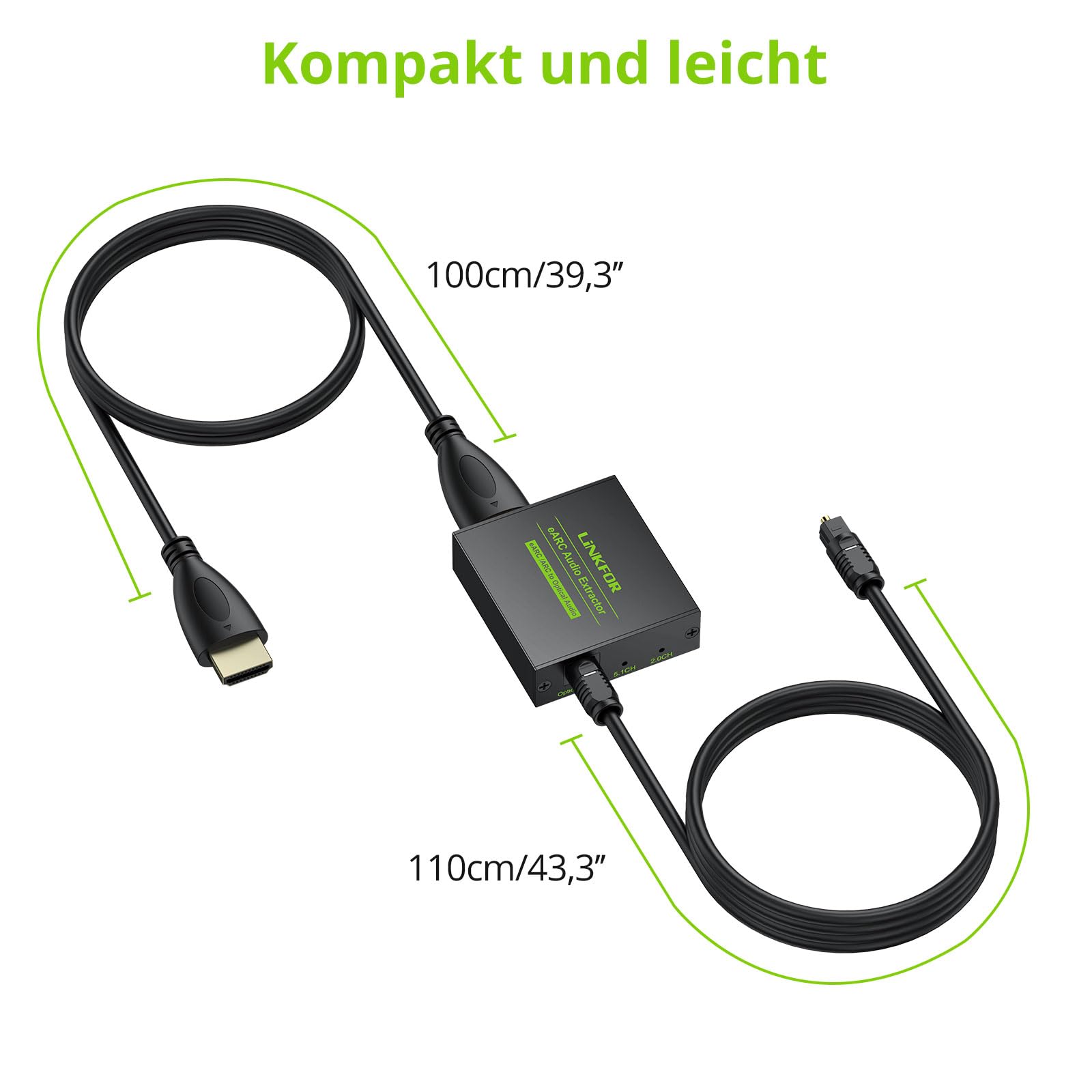 LiNKFOR eARC ARC Audio Extractor 24Bit 192kHz HDMI ARC auf Optisch Audio Adapter HDMI Audio Extractor mit 5.1 und 2.0 Kanal Audiosignalanzeigen für HDTV zu Soundbar, drahtlose Kopfhörer, Heimkino
