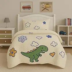 Kit Colcha Infantil com Porta-Travesseiro, Solteiro, 160x240cm, Estampas Divertidas para Meninos e Meninas (DINO)