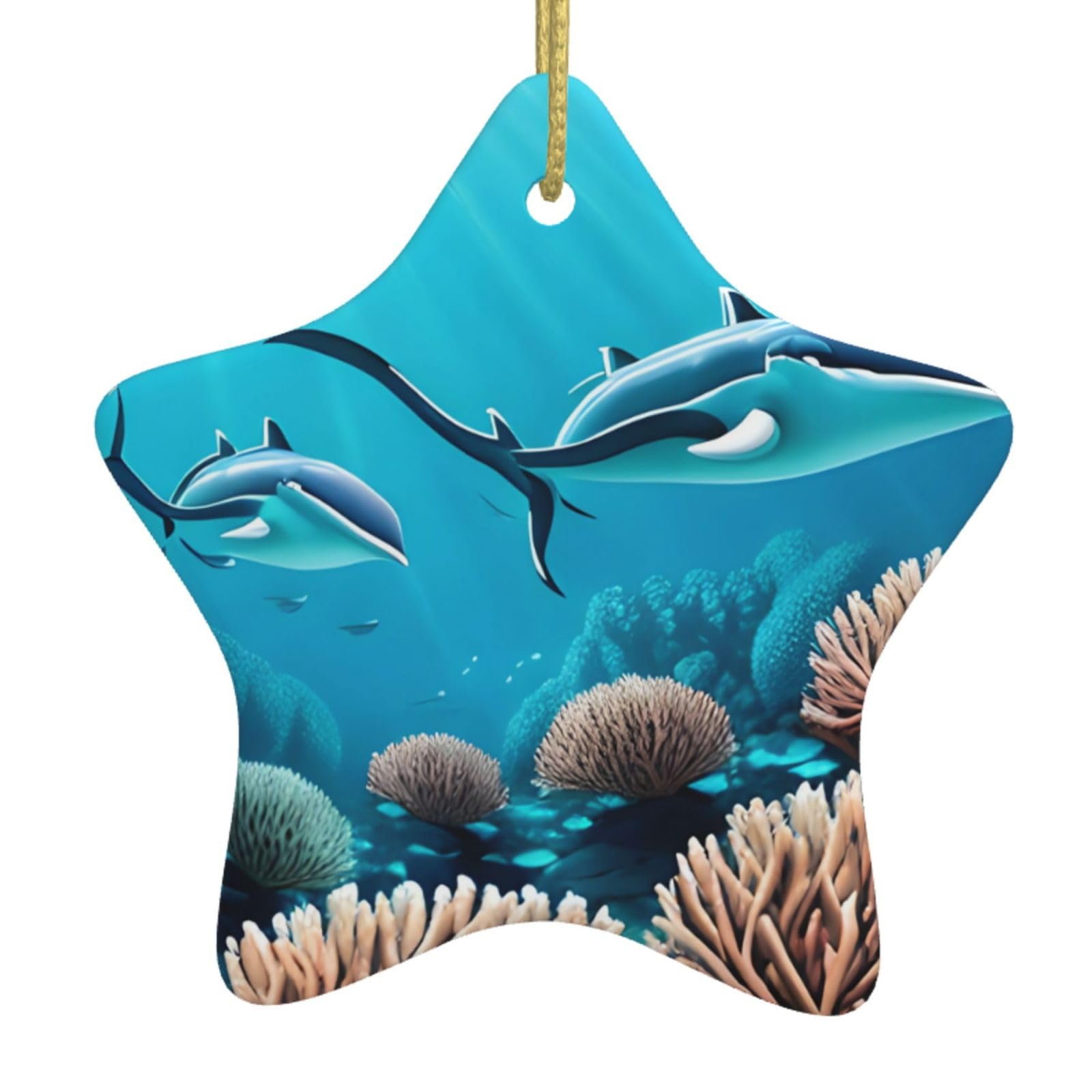 Deep Sea Whales Christmas Ceramic Star Pendant with Punched Holes and Gold Wire Rope, Christmas Tree Home Decoration