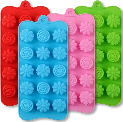 Newk Moldes de silicona con forma de flor, 4 paquetes de 15 cavidades antiadherentes de silicona de grado alimenticio para chocolates, dulces,