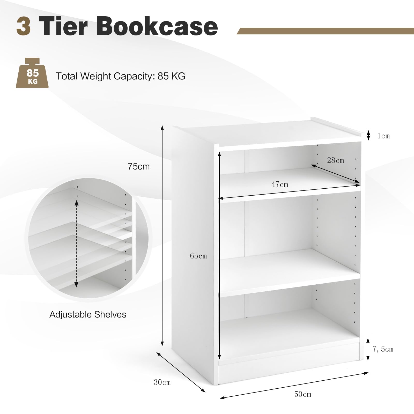 KOMFOTTEU Libreria Scaffale a 3 Livelli Aperti, Libreria Verticale Moderna con Ripiani Regolabili, Dispositivo Antiribaltamento, Mobile per Camera da Letto, Soggiorno, 50 x 30 x 75 cm (Bianco)
