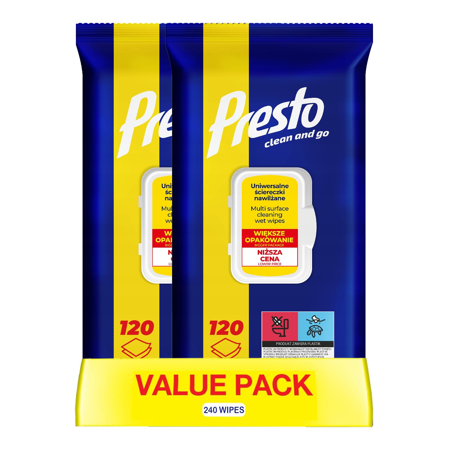 Presto Universal Wet Wipes for Cleaning | 2-in-1 Cloth & Cleaning Liquid | Extra Shine | Convenient Closure | Maxi-Pack, 120 Wipes (Pack of 2, 240 Wipes)