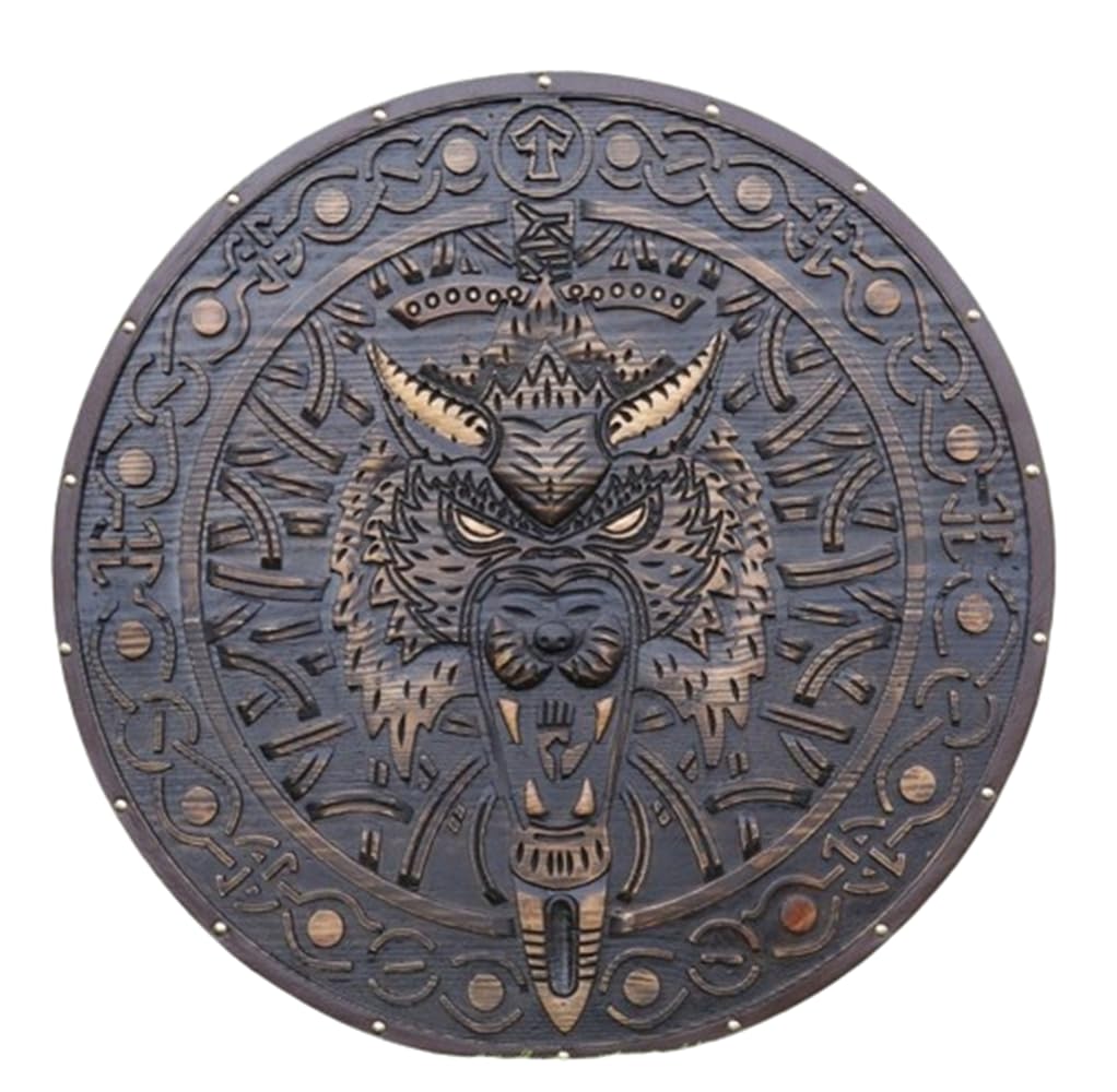 Bouclier médiéval Viking Fenrir, bouclier rond viking loup bouclier viking, bouclier en bois sculpté viking, cadeau d'anniversaire viking, marron, marron, 61 cm