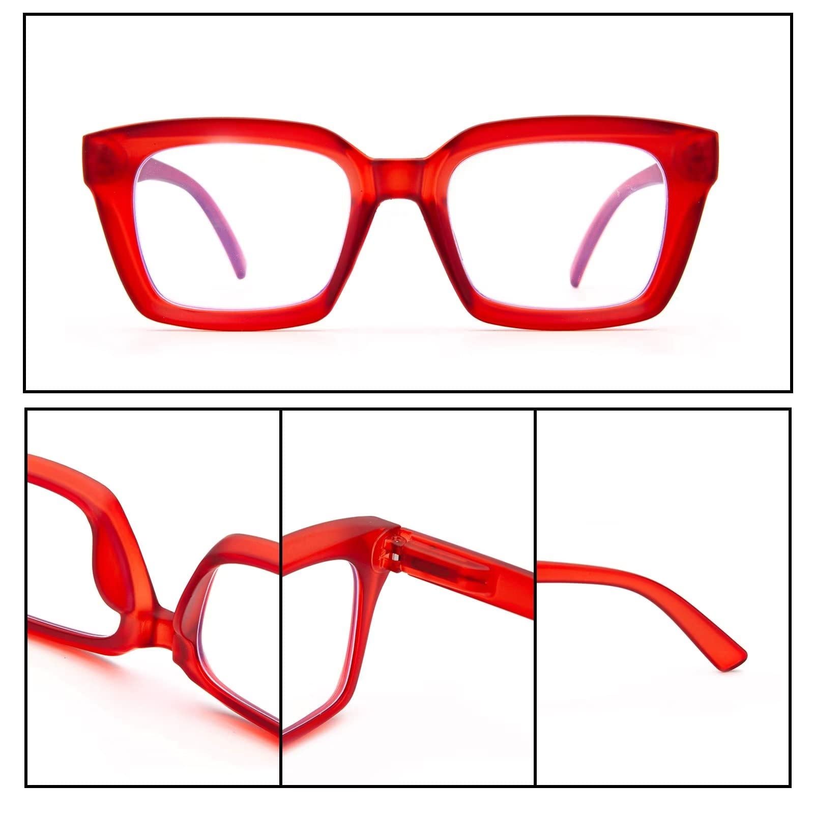 Amorays Occhiali da Lettura Oversize Square Frame Vintage con Anti Luce Blu Lenti Cerniera a Molla Occhiali Presbiopia Lettori per Donna Uomo 6561NEW(Rosso,+2.5)