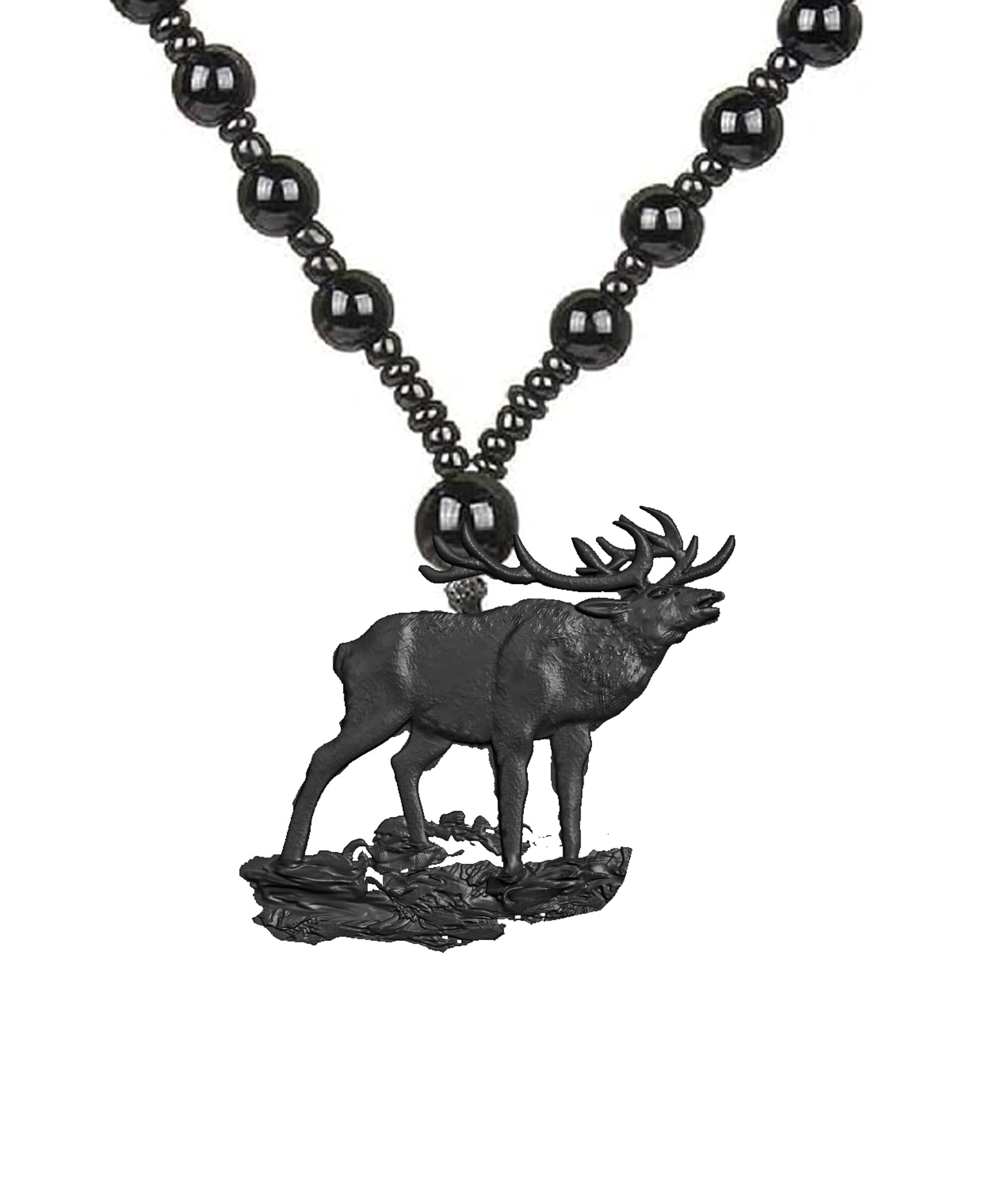 Black Calling Deer Pendant Necklace Handmade Resin Charm with Beaded Chain Tribal Animal Jewelry Gift for Men Women-image-19