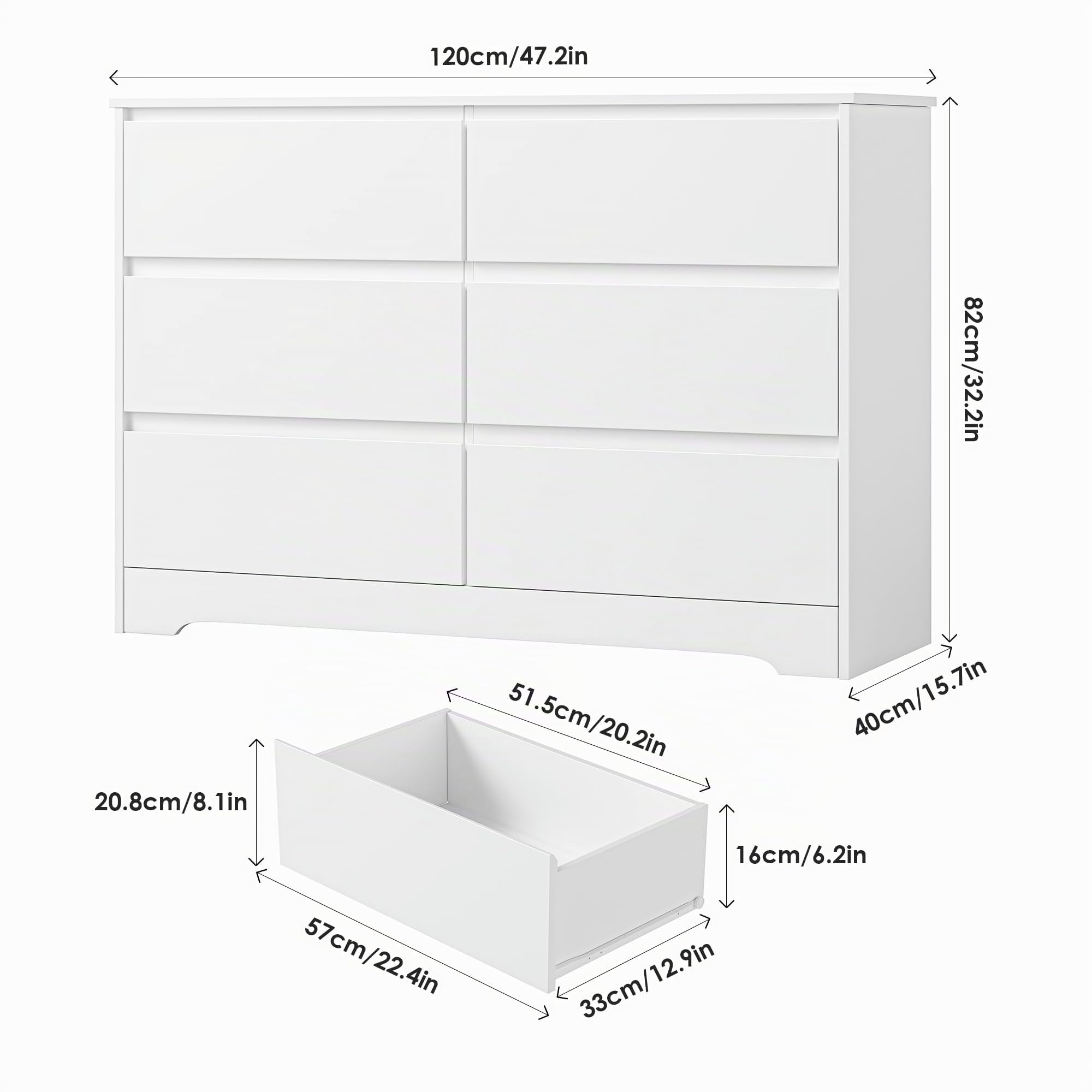 FOREHILL Cassettiera Camera da letto 120cm,Cassettiera Bianca con 6 Cassetti,Comodino con Cassetti Moderno, Spedito in 2 pacchi,adatto per Camera da Letto, Corridoio, Soggiorno,Ufficio 120x40x82cm