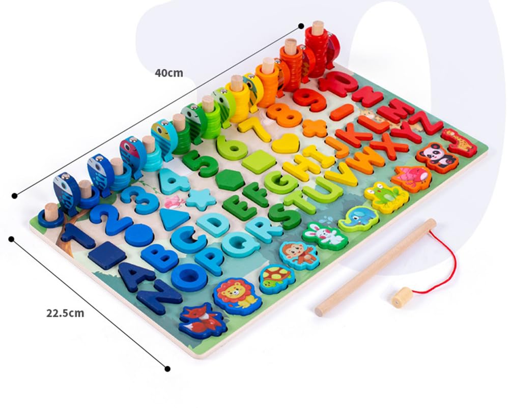 Montessori Wielofunkcyjne Drewniane Puzzle do Liczenia i Sortowania z Grą Wędkarską, Prezenty dla Chłopców i Dziewczynek