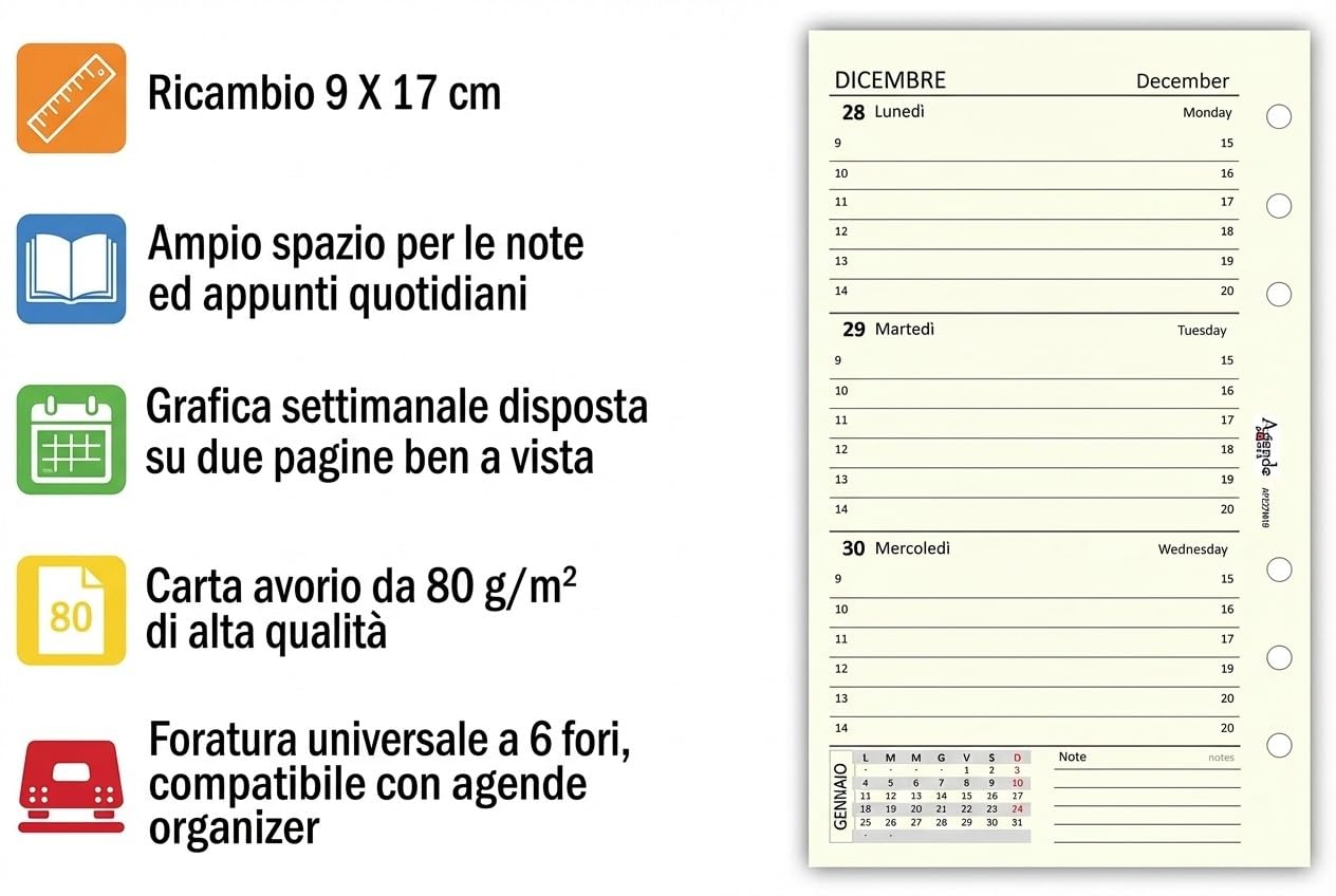 Ricambio Agenda Organizer Settimanale 2027, Bilingue, 9,5x17cm, 90gr, Avorio