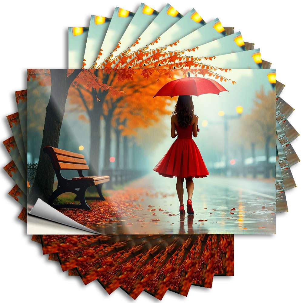 Stickers Mens Decor Durable Vinyl - A Woman in A Red Dress Walks Under an Umbrella On A Rainy Autumn Day. Garage for Water Use(6X9CM)