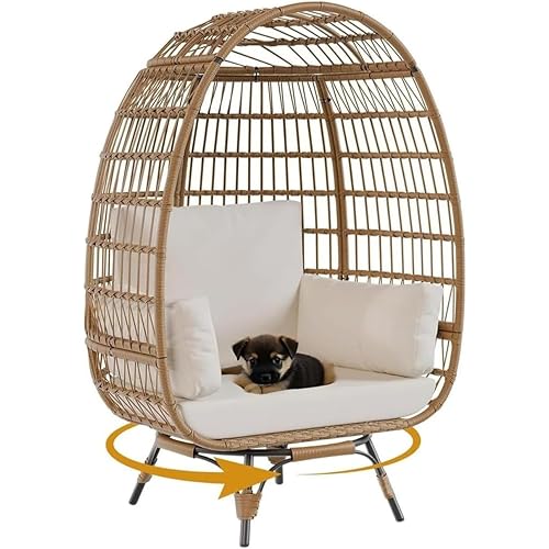 360° Swivel Egg Chair, Oversized Patio Rotating Basket Chair, Steel Frame and Metal Base, Waterproof, PE Rattan Lounge Chair for Indoor & Outdoor, Porch, Living Room, Backyard, Beige